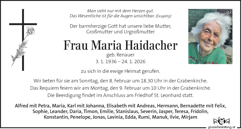  Traueranzeige für Maria Haidacher vom 01.02.2026 aus Kleine Zeitung