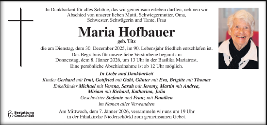 Traueranzeige von Maria Hofbauer von Kleine Zeitung