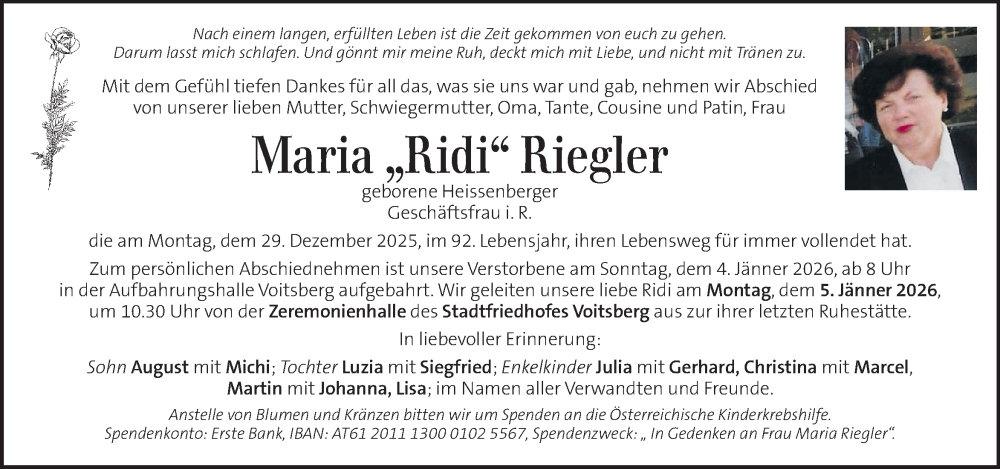 Traueranzeige für Maria Riegler vom 03.01.2026 aus Kleine Zeitung