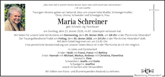 Traueranzeige von Maria Schreiner von Kleine Zeitung