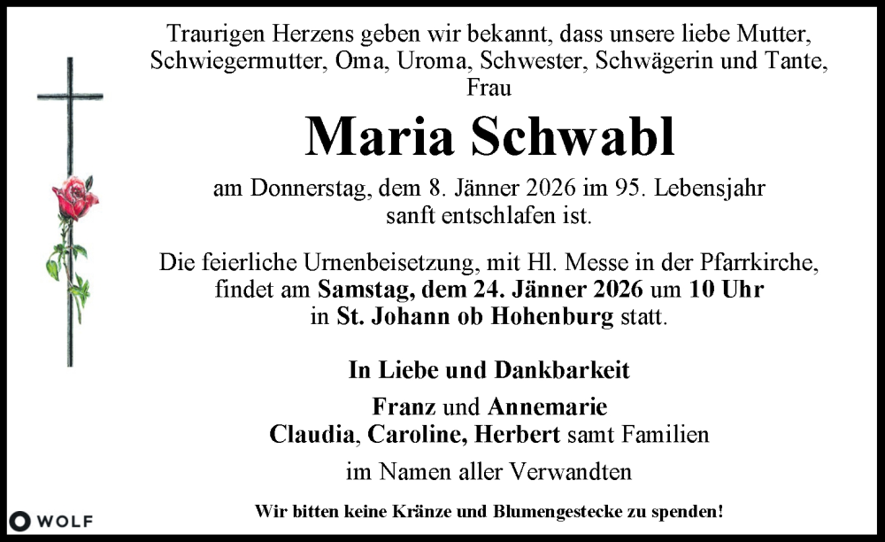  Traueranzeige für Maria Schwabl vom 17.01.2026 aus Kleine Zeitung