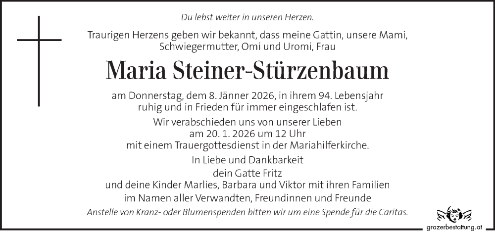  Traueranzeige für Maria Steiner-Stürzenbaum vom 17.01.2026 aus Kleine Zeitung