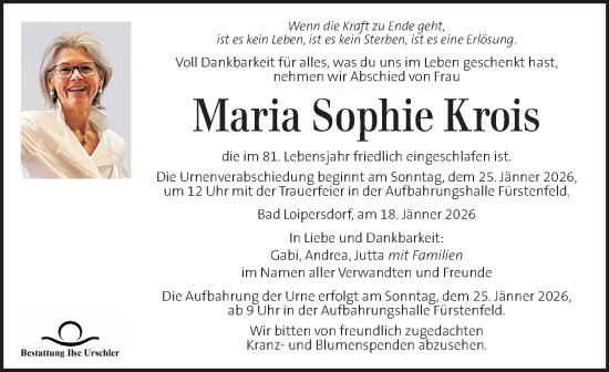 Traueranzeige von Maria Sophie Krois von Kleine Zeitung