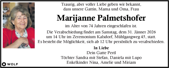 Traueranzeige von Marijanne Palmetshofer von Kleine Zeitung