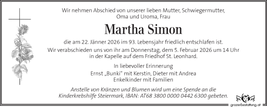 Traueranzeige von Martha Simon von Kleine Zeitung
