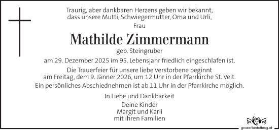 Traueranzeige von Mathilde Zimmermann von Kleine Zeitung
