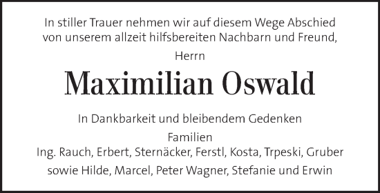 Traueranzeige von Maximilian Oswald von Kleine Zeitung