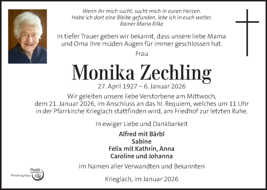 Traueranzeige von Monika Zechling von Kleine Zeitung