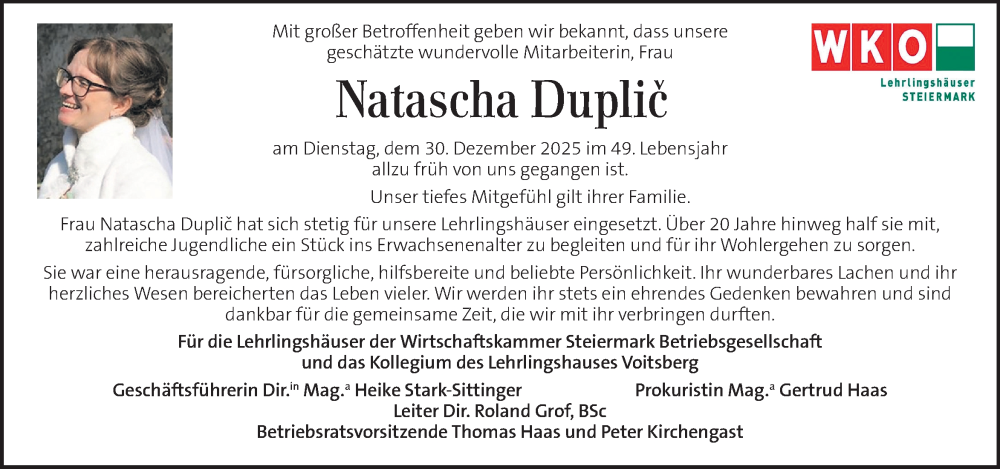 Traueranzeige für Natascha Duplič vom 18.01.2026 aus Kleine Zeitung
