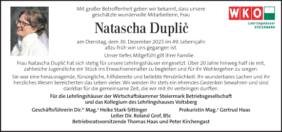 Traueranzeige von Natascha Duplič von Kleine Zeitung