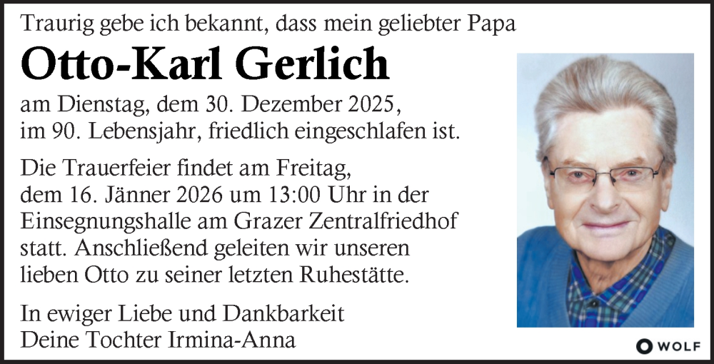  Traueranzeige für Otto-Karl Gerlich vom 08.01.2026 aus Kleine Zeitung