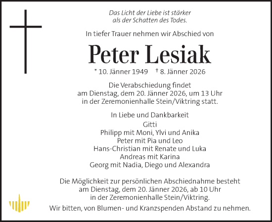 Traueranzeige von Peter Lesiak von Kleine Zeitung