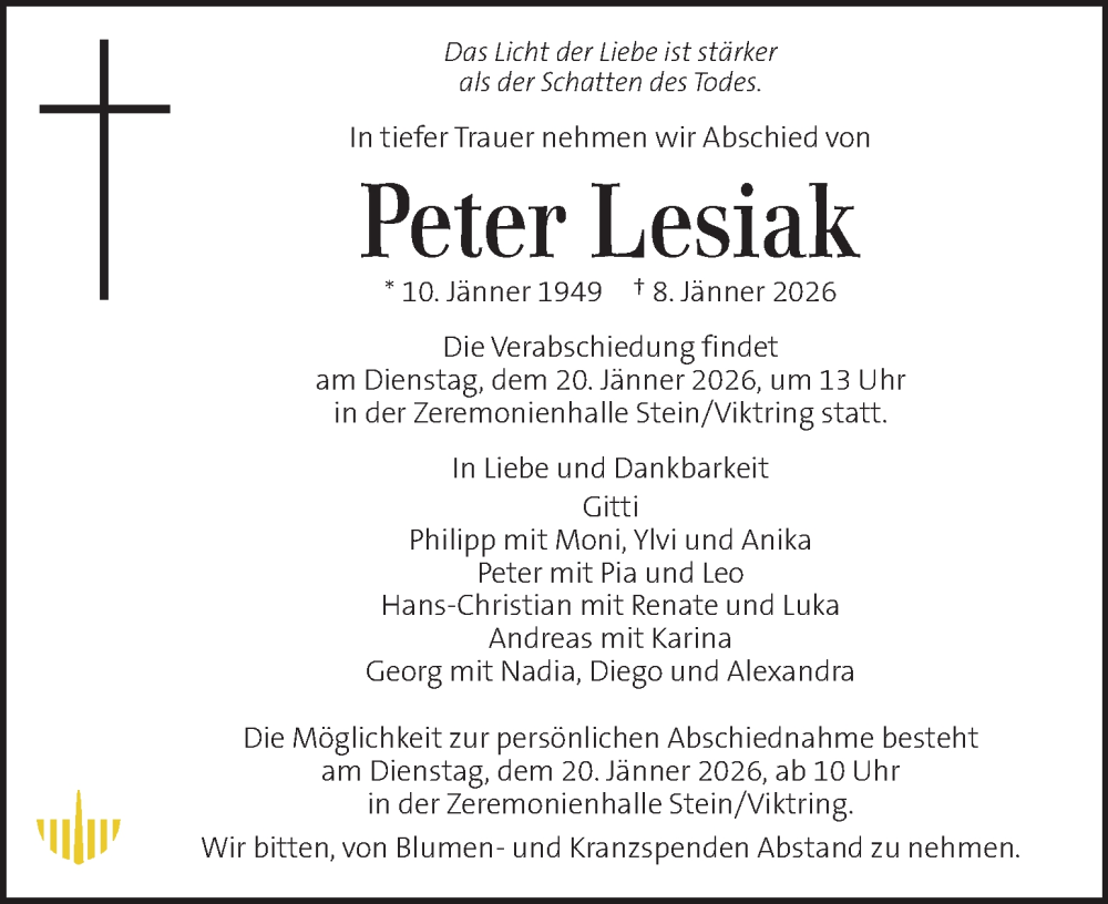  Traueranzeige für Peter Lesiak vom 17.01.2026 aus Kleine Zeitung