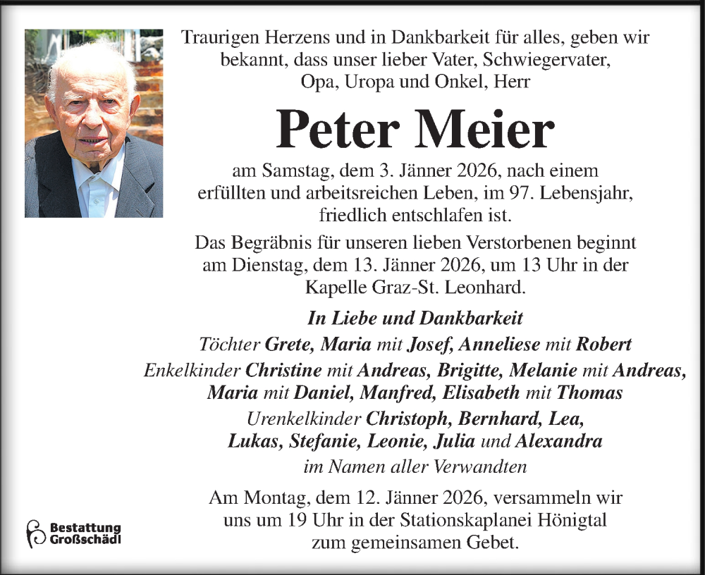  Traueranzeige für Peter Meier vom 06.01.2026 aus Kleine Zeitung