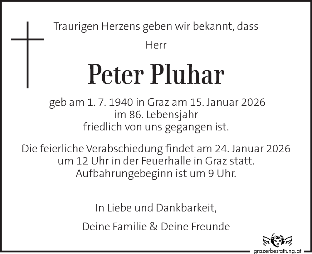  Traueranzeige für Peter Pluhar vom 18.01.2026 aus Kleine Zeitung