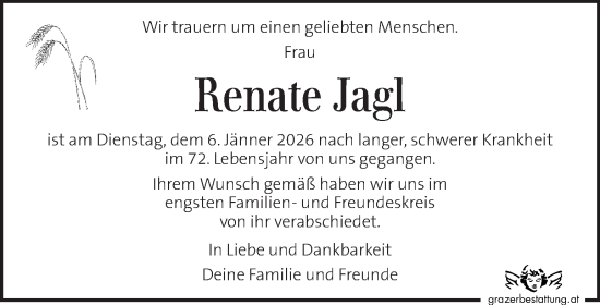 Traueranzeige von Renate Jagl von Kleine Zeitung