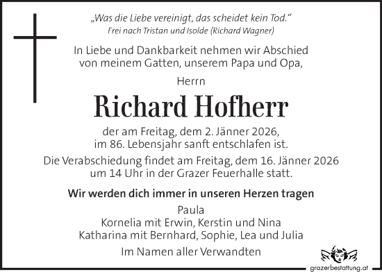Traueranzeige von Richard Hofherr von Kleine Zeitung