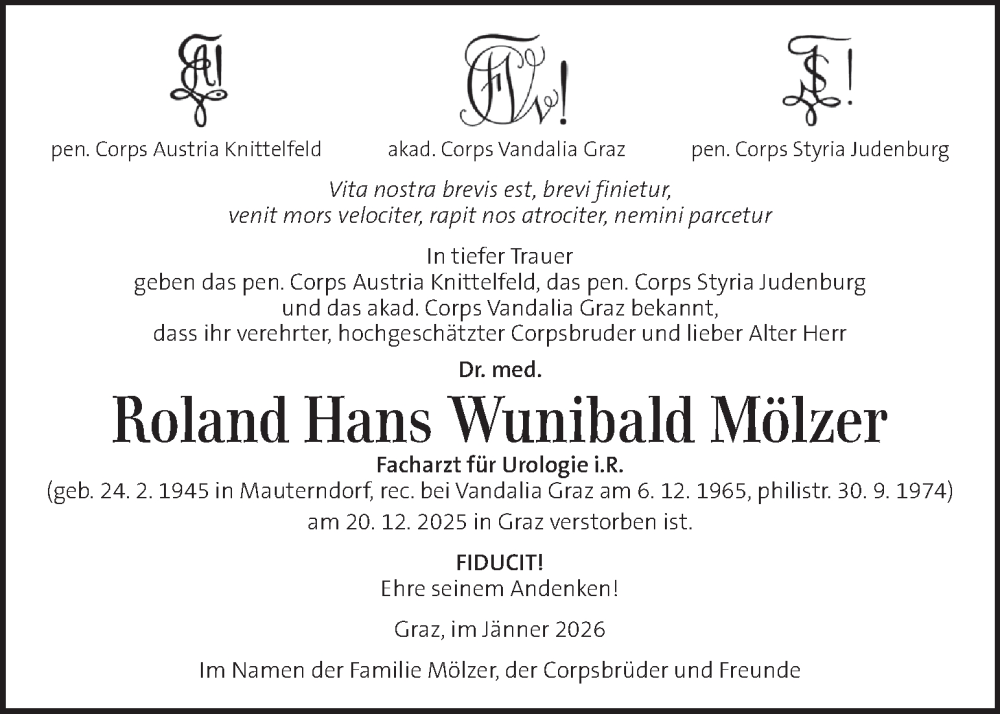  Traueranzeige für Roland Hans Wunibald Mölzer vom 09.01.2026 aus Kleine Zeitung
