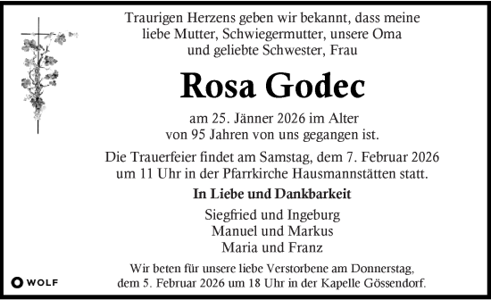 Traueranzeige von Rosa Godec von Kleine Zeitung