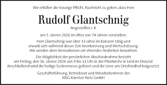 Traueranzeige von Rudolf Glantschnig von Kleine Zeitung