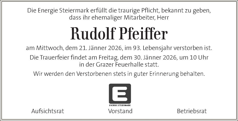  Traueranzeige für Rudolf Pfeiffer vom 29.01.2026 aus Kleine Zeitung