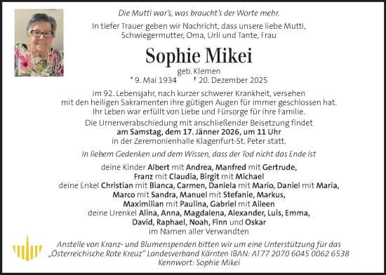 Traueranzeige von Sophie Mikei von Kleine Zeitung