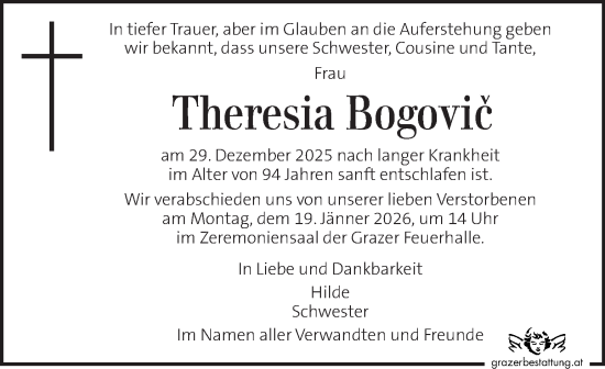 Traueranzeige von Theresia Bogovic von Kleine Zeitung