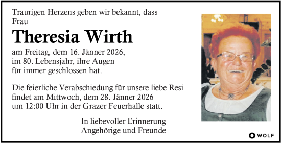 Traueranzeige von Theresia Wirth von Kleine Zeitung