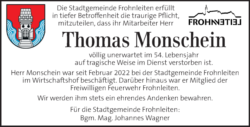  Traueranzeige für Thomas Monschein vom 29.01.2026 aus Kleine Zeitung