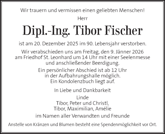 Traueranzeige von Tibor Fischer von Kleine Zeitung