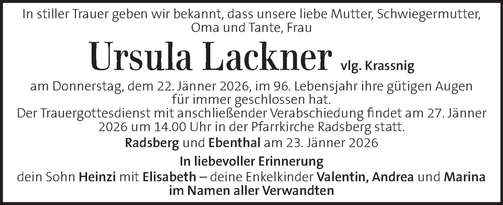  Traueranzeige für Ursula Lackner vom 25.01.2026 aus Kleine Zeitung