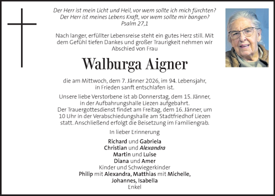 Traueranzeige von Walburga Aigner von Kleine Zeitung