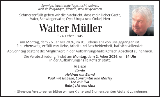 Traueranzeige von Walter Müller von Kleine Zeitung