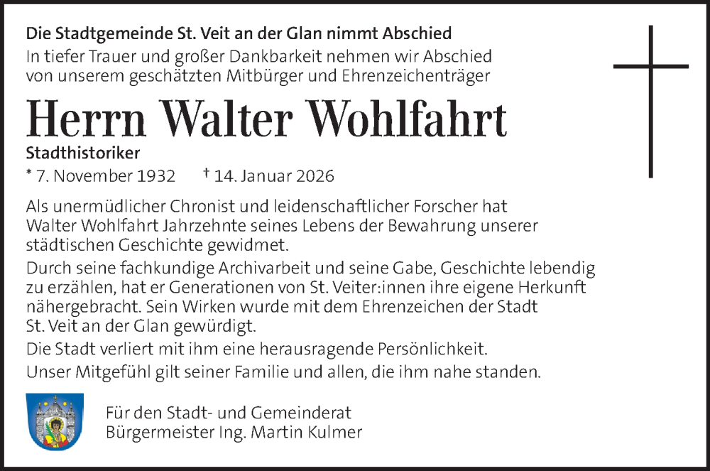  Traueranzeige für Walter Wohlfahrt vom 24.01.2026 aus Kleine Zeitung