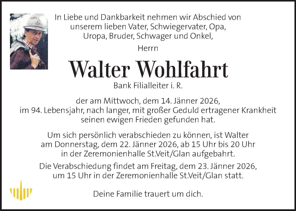  Traueranzeige für Walter Wohlfahrt vom 20.01.2026 aus Kleine Zeitung