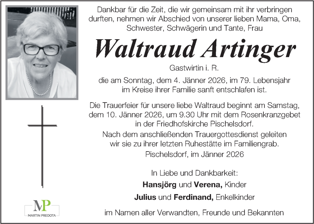  Traueranzeige für Waltraud Artinger vom 08.01.2026 aus Kleine Zeitung