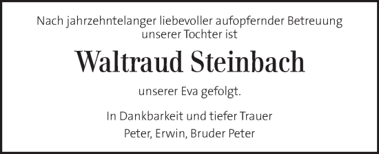 Traueranzeige von Waltraud Steinbach von Kleine Zeitung