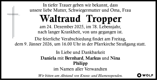 Traueranzeige von Waltraud Tropper von Kleine Zeitung