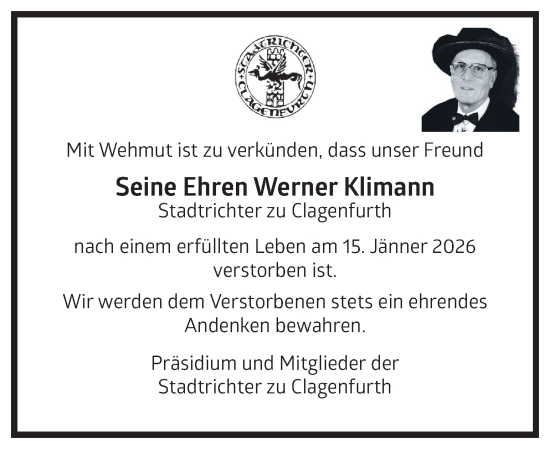 Traueranzeige von Werner Klimann von Kleine Zeitung