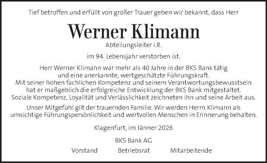 Traueranzeige von Werner Klimann von Kleine Zeitung