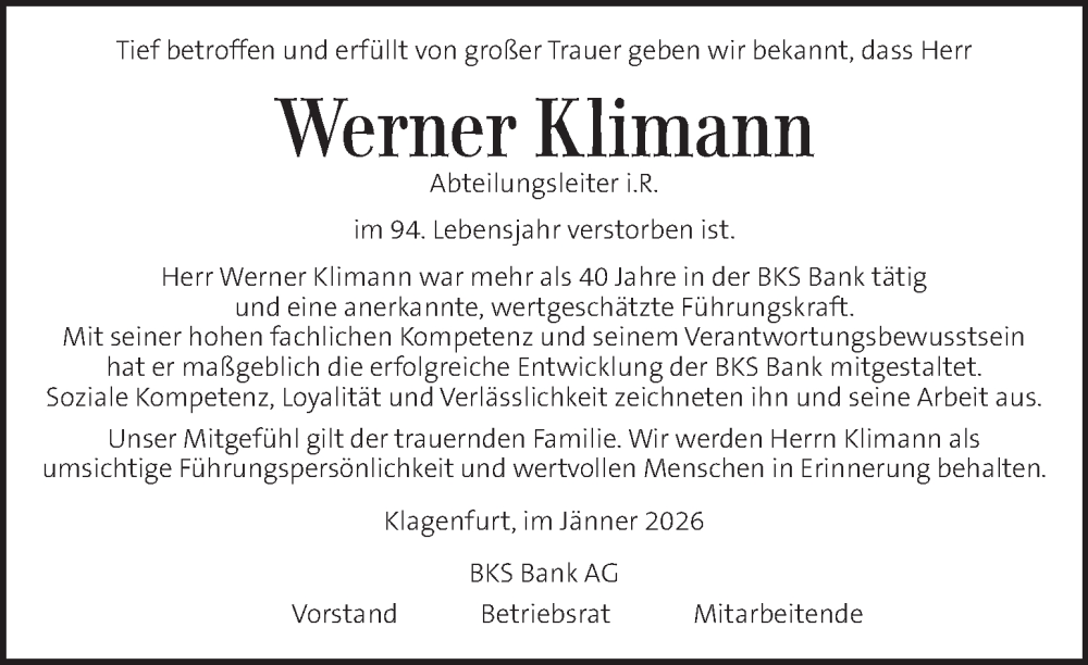  Traueranzeige für Werner Klimann vom 23.01.2026 aus Kleine Zeitung