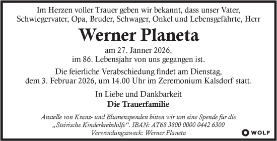 Traueranzeige von Werner Planeta von Kleine Zeitung