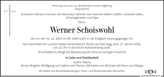 Traueranzeige von Werner Schoiswohl von Kleine Zeitung