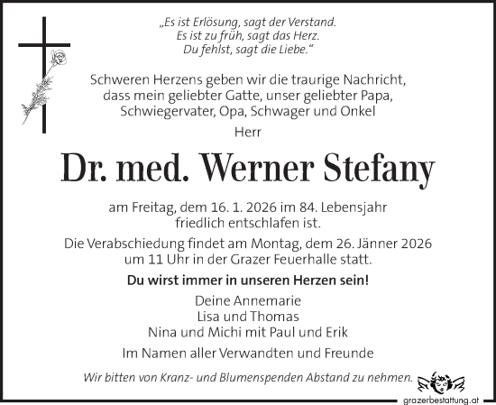 Traueranzeige von Werner Stefany von Kleine Zeitung