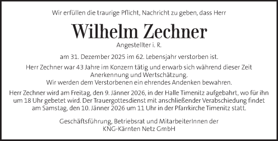 Traueranzeige von Wilhelm Zechner von Kleine Zeitung