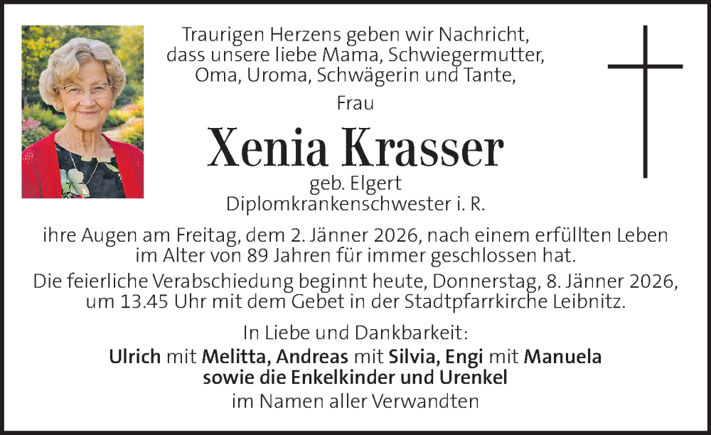  Traueranzeige für Xenia Krasser vom 08.01.2026 aus Kleine Zeitung