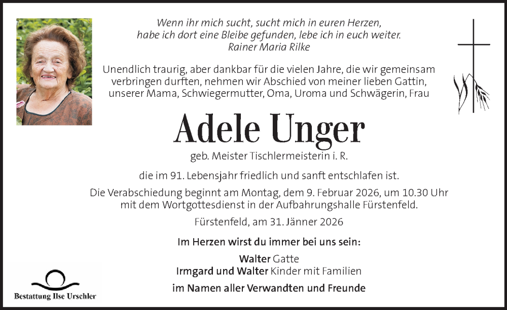  Traueranzeige für Adele Unger vom 06.02.2026 aus Kleine Zeitung