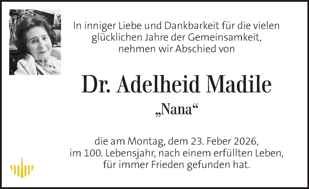  Traueranzeige für Adelheid Madile vom 28.02.2026 aus Kleine Zeitung