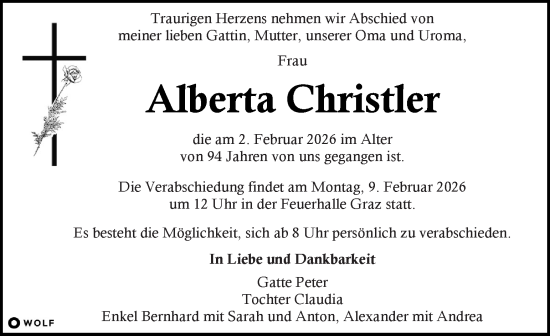 Traueranzeige von Alberta Christler von Kleine Zeitung