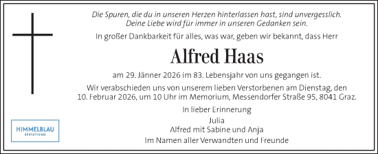 Traueranzeige von Alfred Haas von Kleine Zeitung